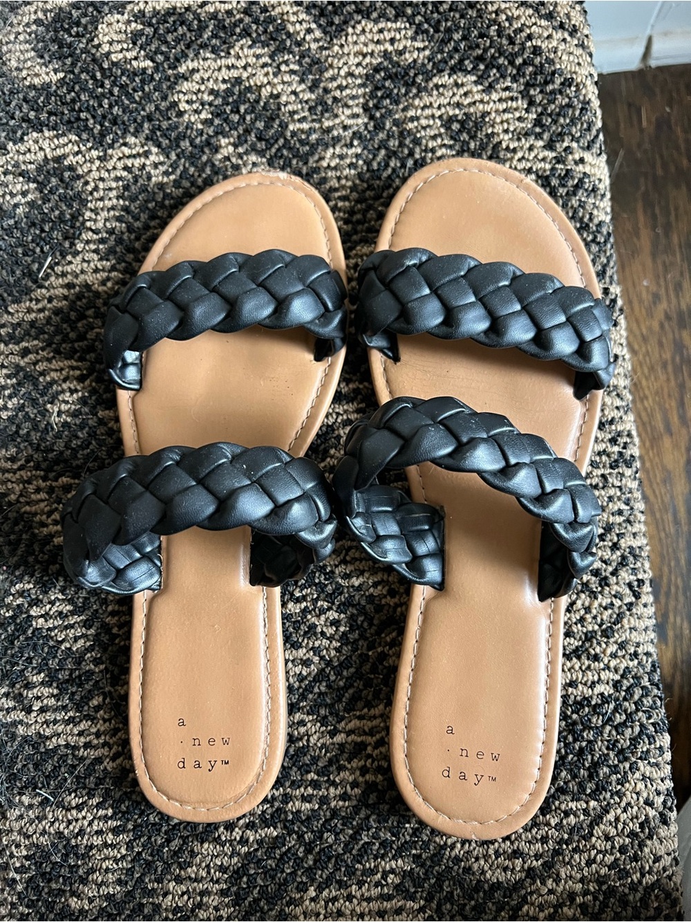 a new day Black Braided Double-Strap Slide Sandals with Tan Footbed
